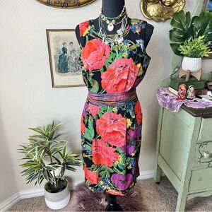 Petite Sophisticate Vintage 1980s Black Red Purple Colorful Floral Summer Dress‎